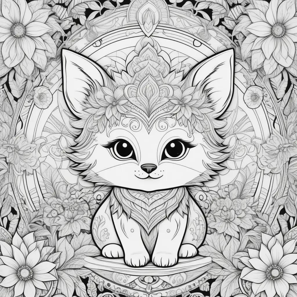 Colorful cat in floral design coloring page for preschoolers