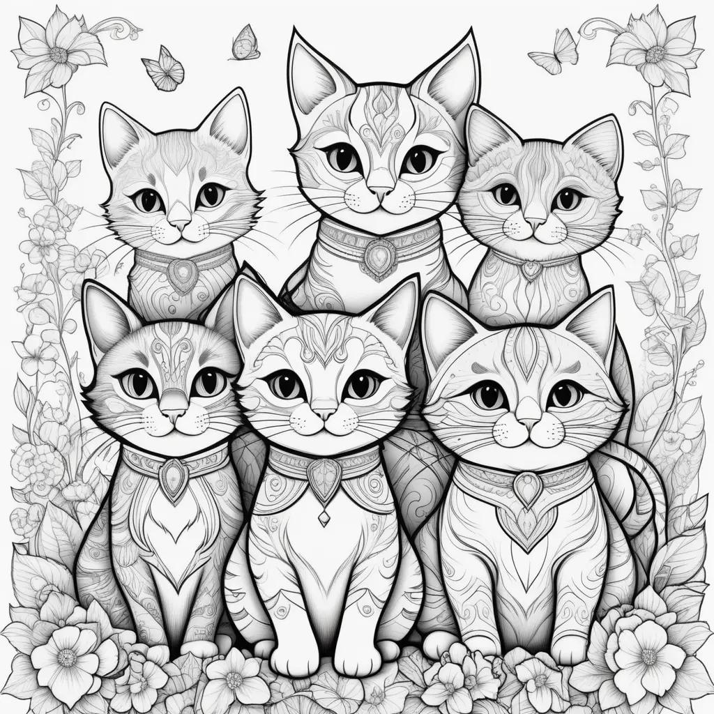 Colorful cats, flowers, and jewelry in black and white