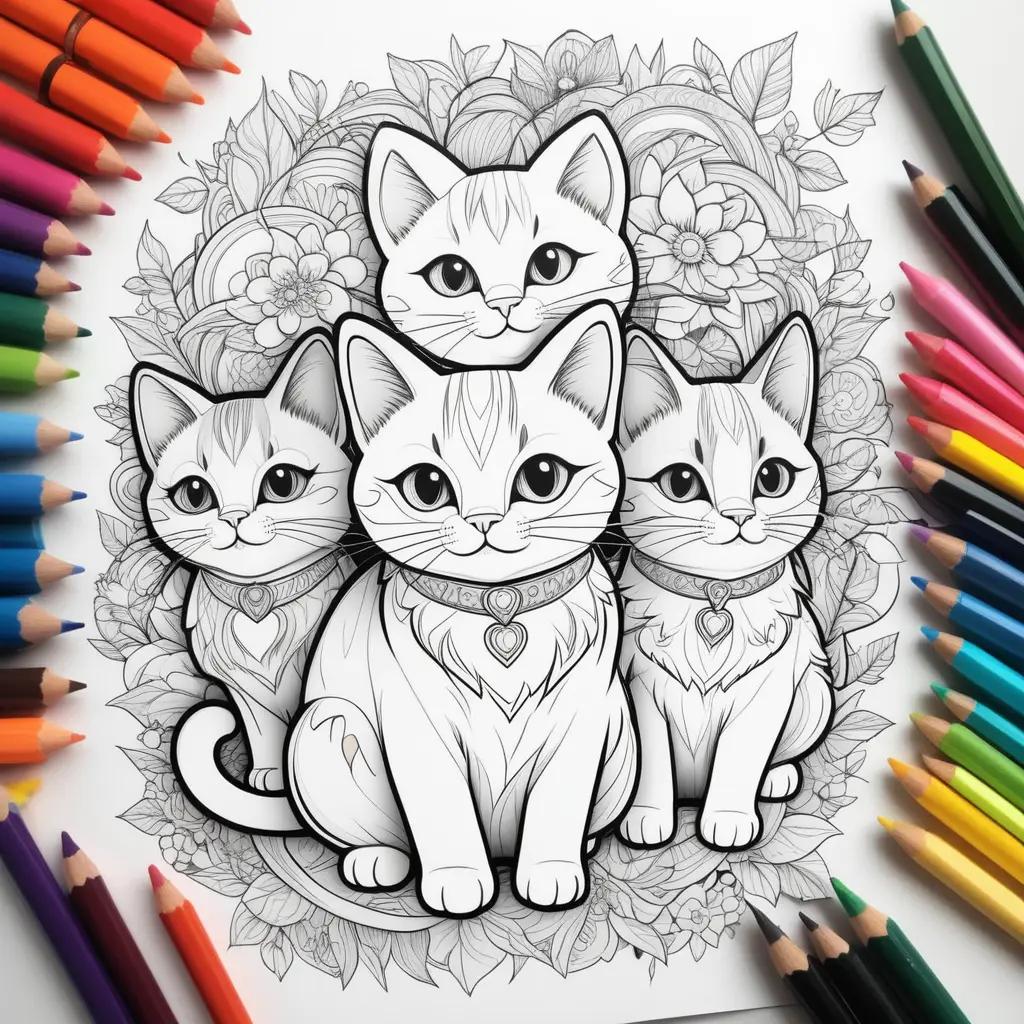 Colorful cats in flower design in a coloring book