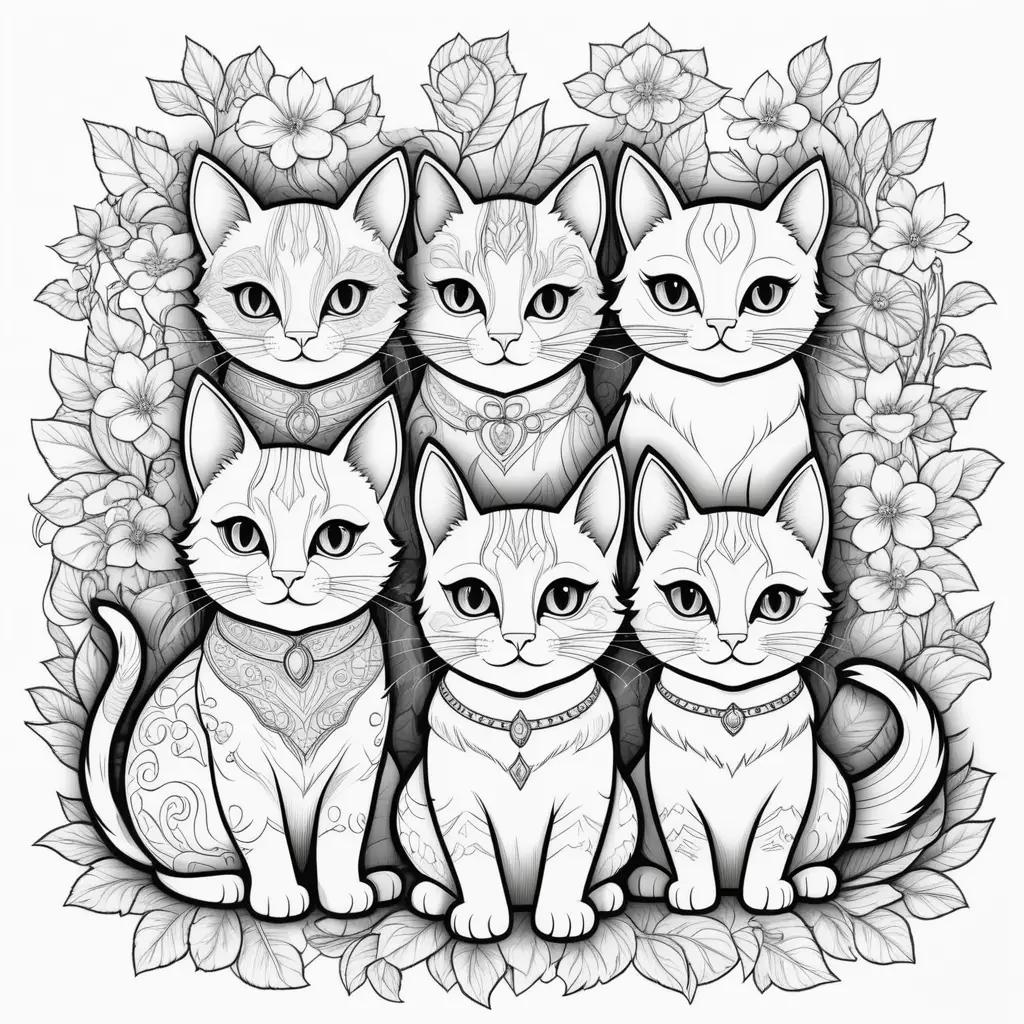 Colorful cats with jewelry in a floral frame