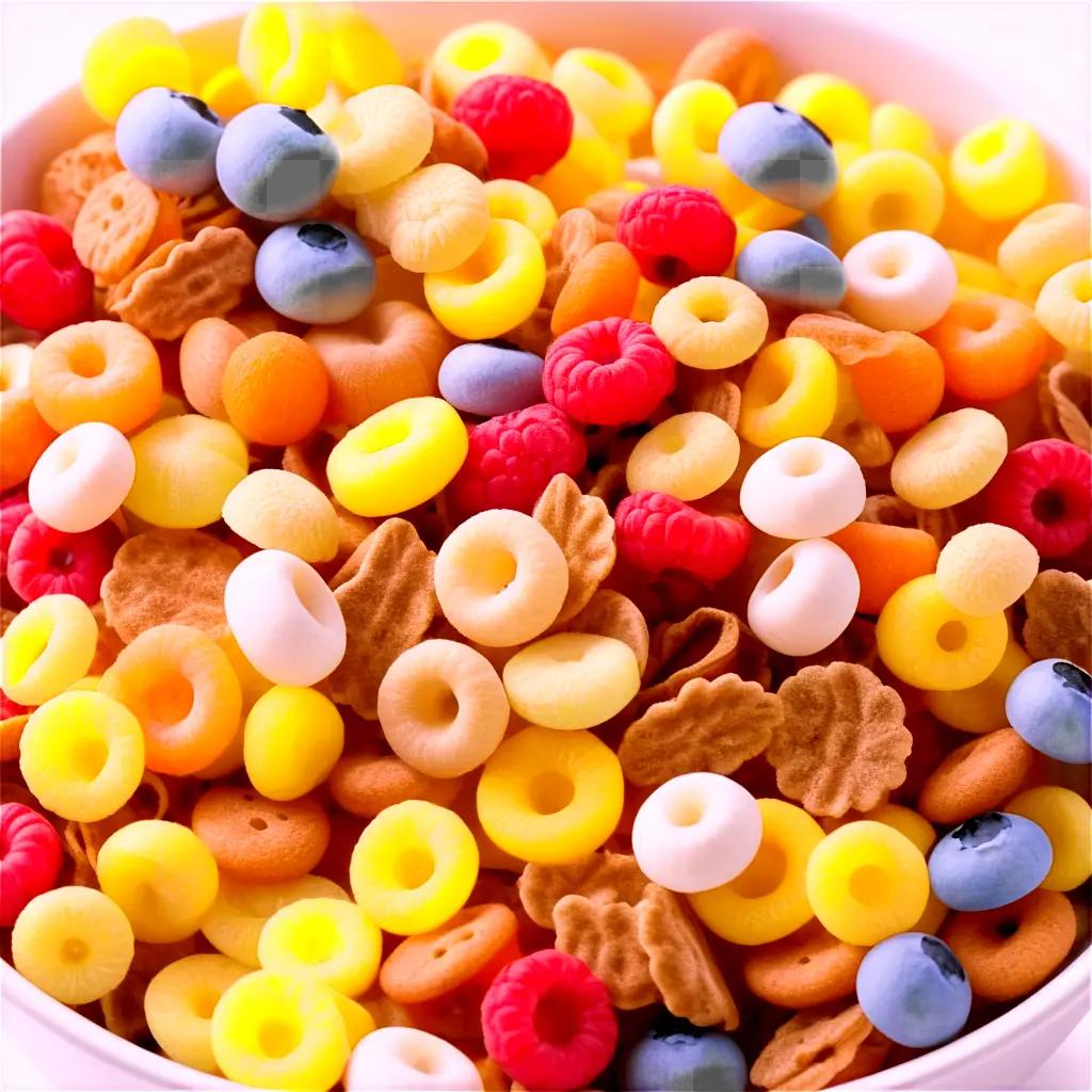 Colorful cereal bowl with fruit and cookies