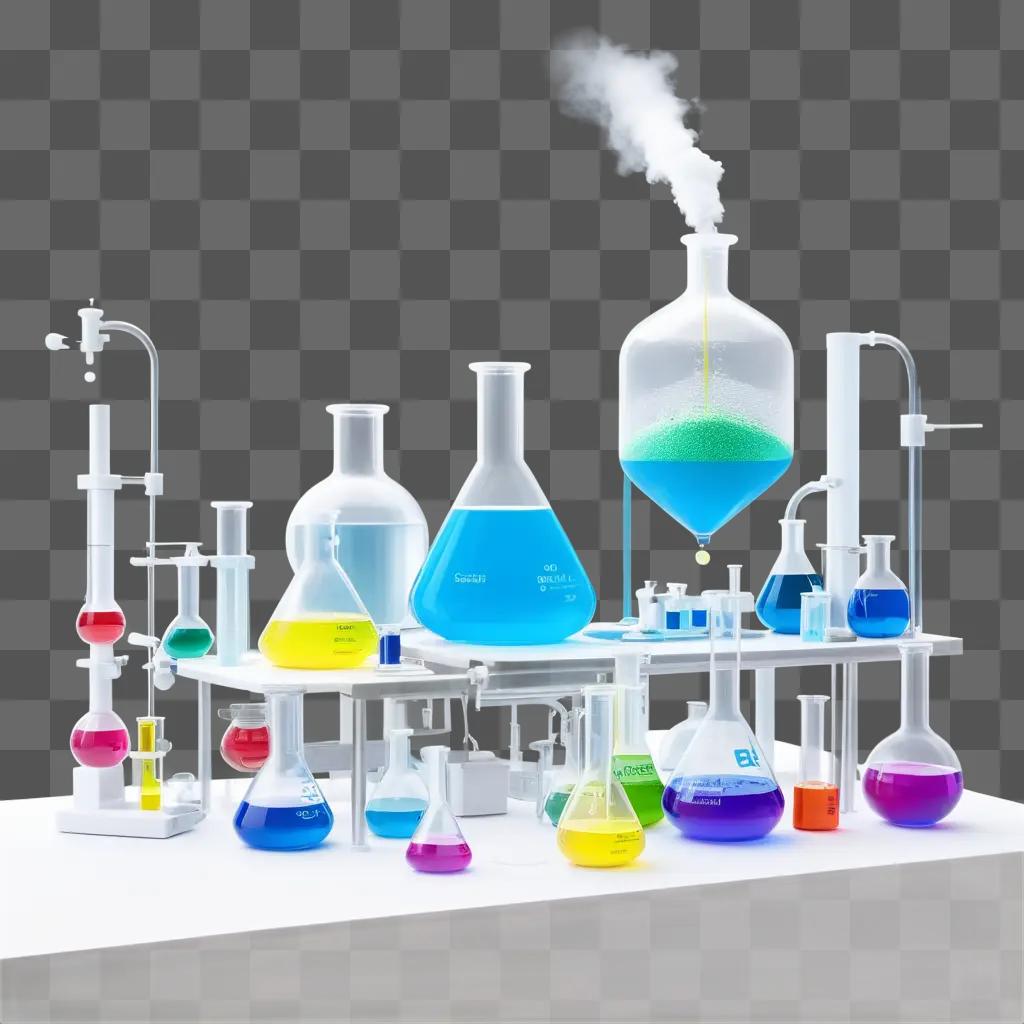 Colorful chemicals displayed on a white table