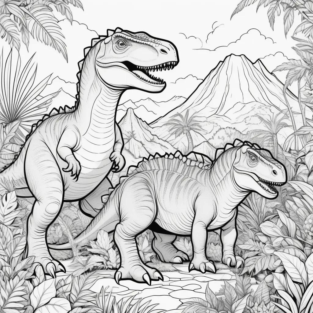 Colorful coloring book pages of dinosaurs in a jungle