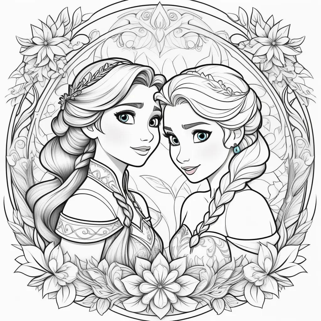 Colorful coloring page featuring Anna and Elsa