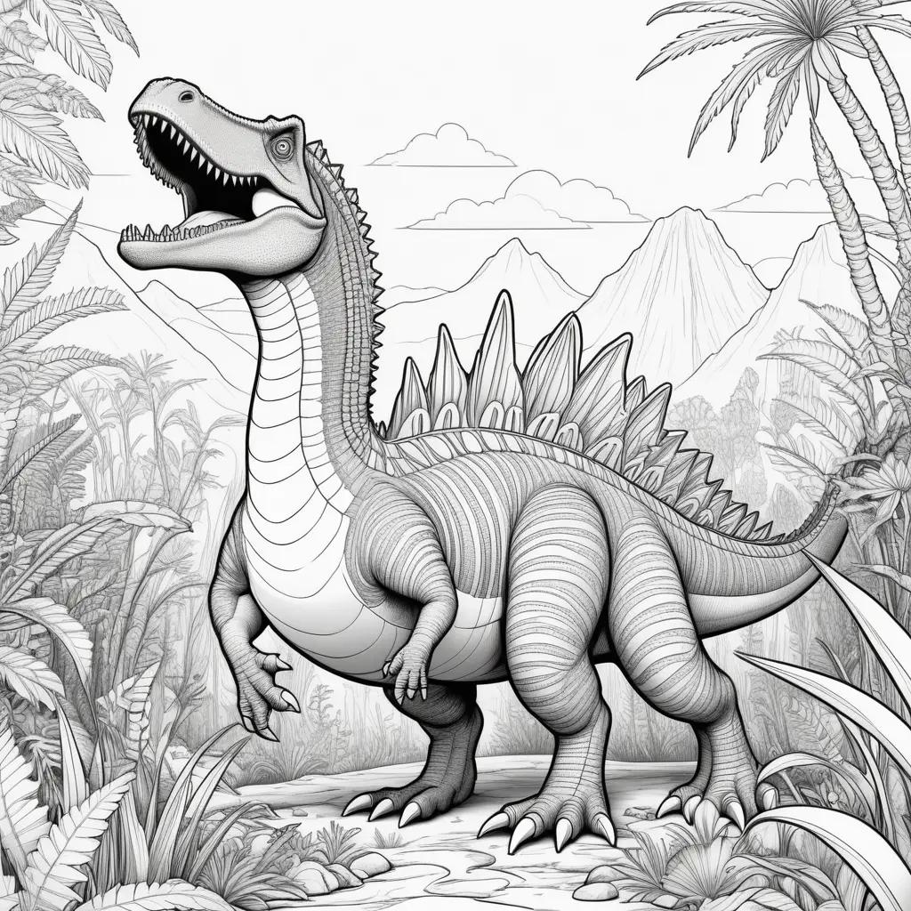 Colorful coloring page featuring a dinosaur called the Spinosaurus