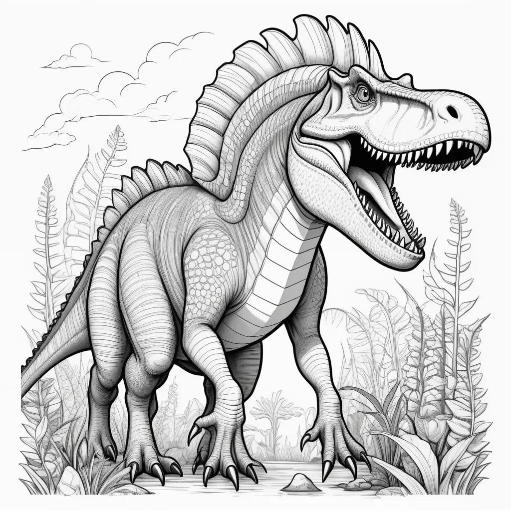 Colorful coloring page featuring a spinosaurus dinosaur