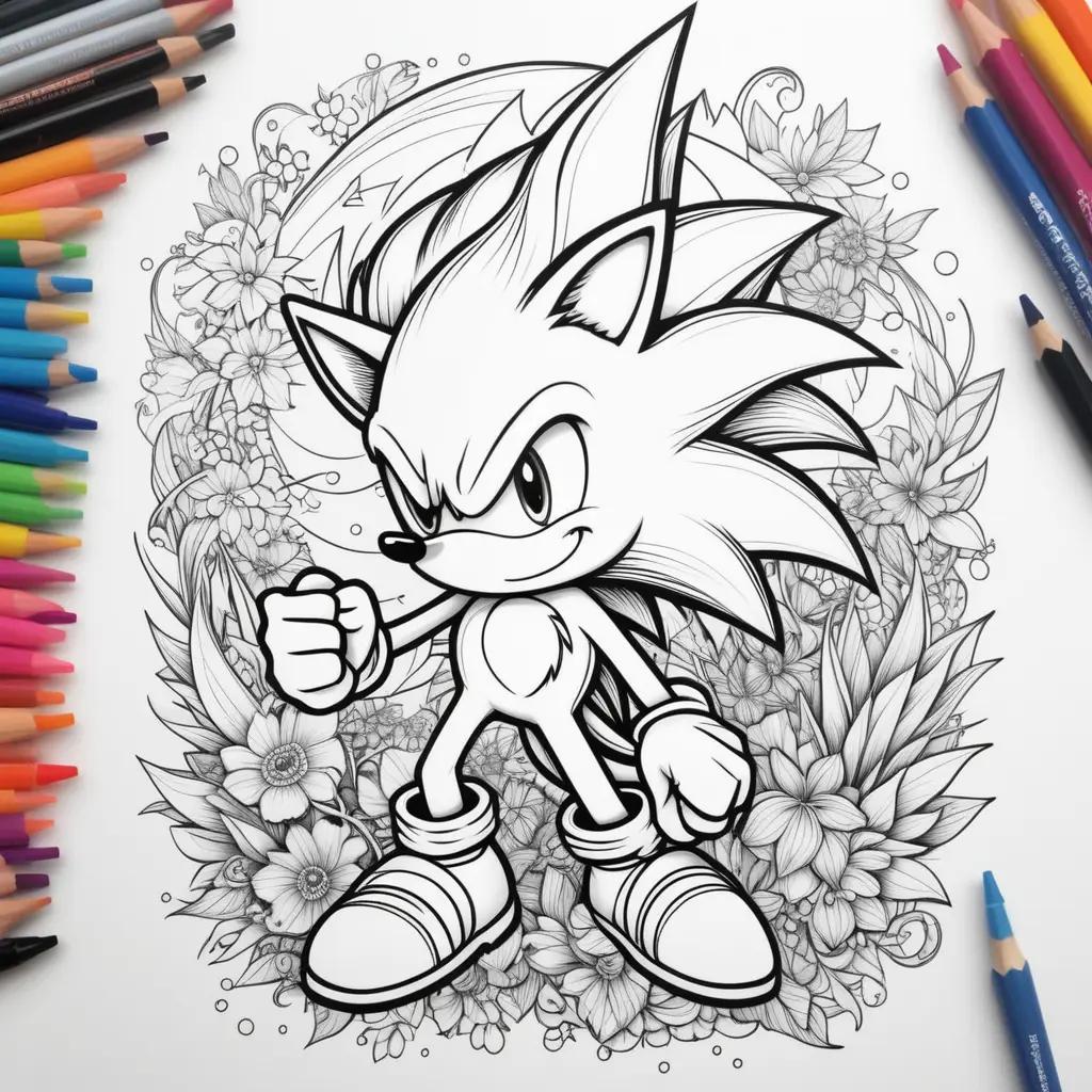 Colorful coloring page featuring a super Sonic character surrounded by flowers