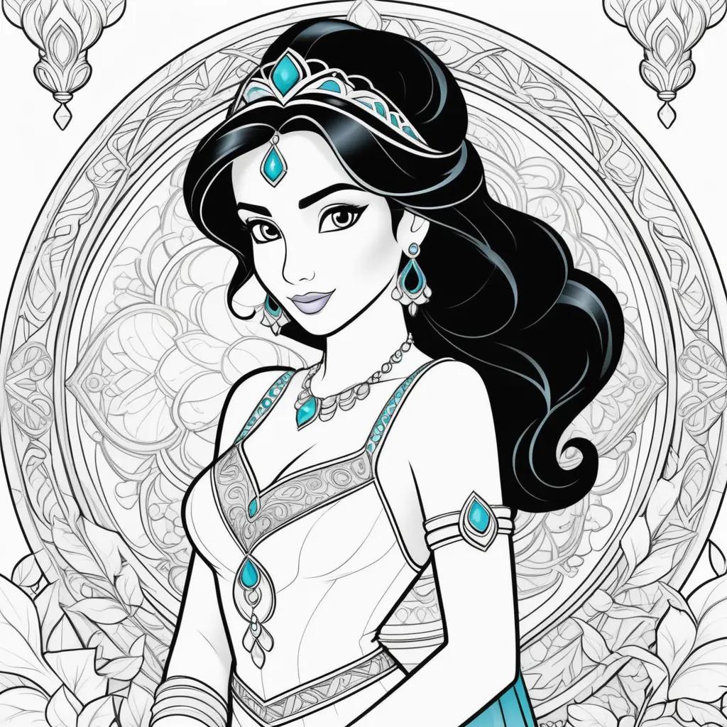 Colorful coloring page of Disney princess Jasmine
