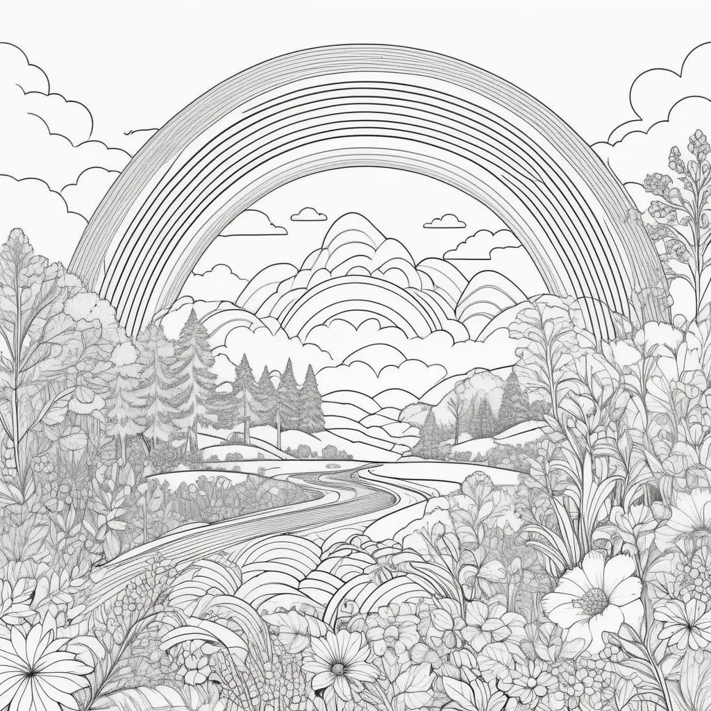 Colorful coloring page with a rainbow and flowers