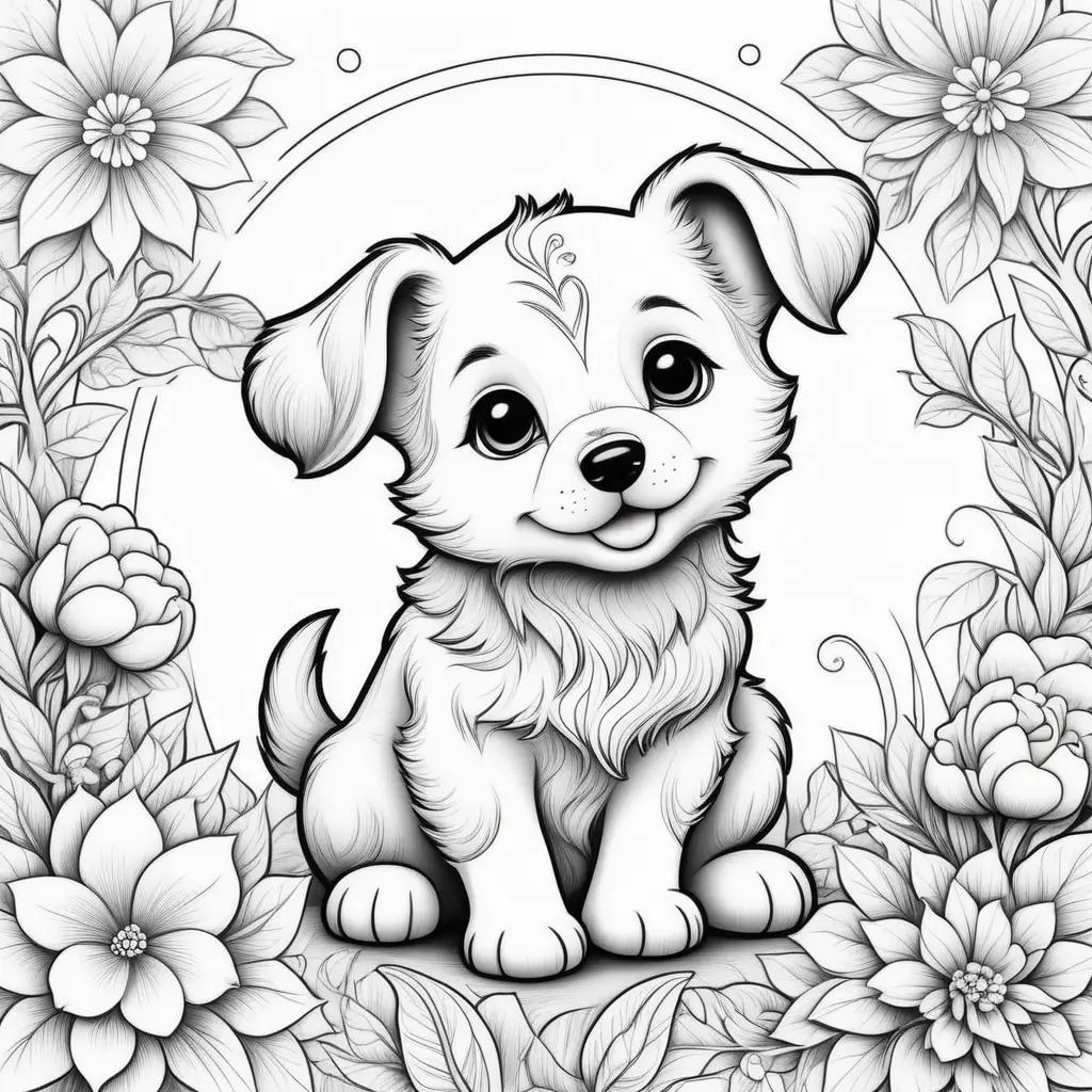 Colorful coloring pages feature a cute puppy