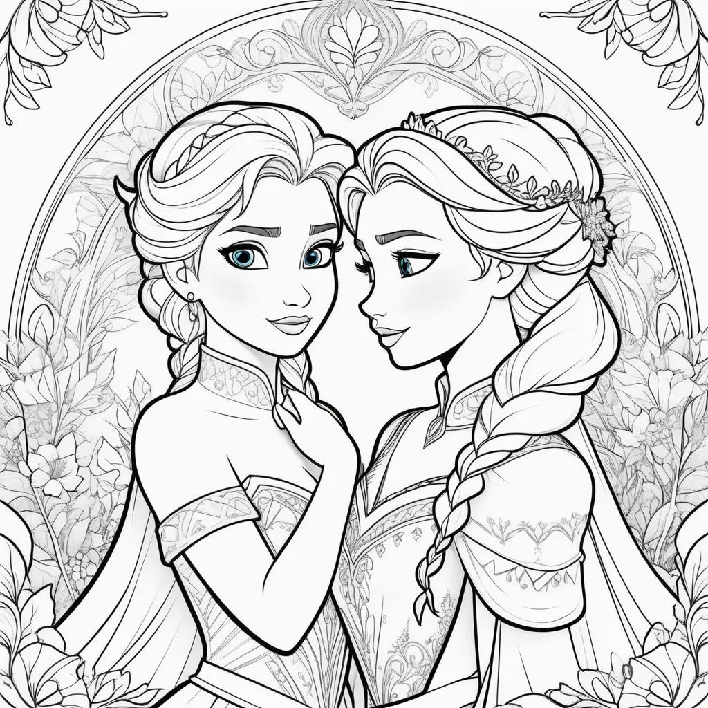 Colorful coloring pages featuring Elsa and Anna