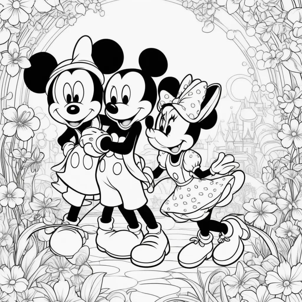 Colorful coloring pages featuring Mickey and Minnie Mouse