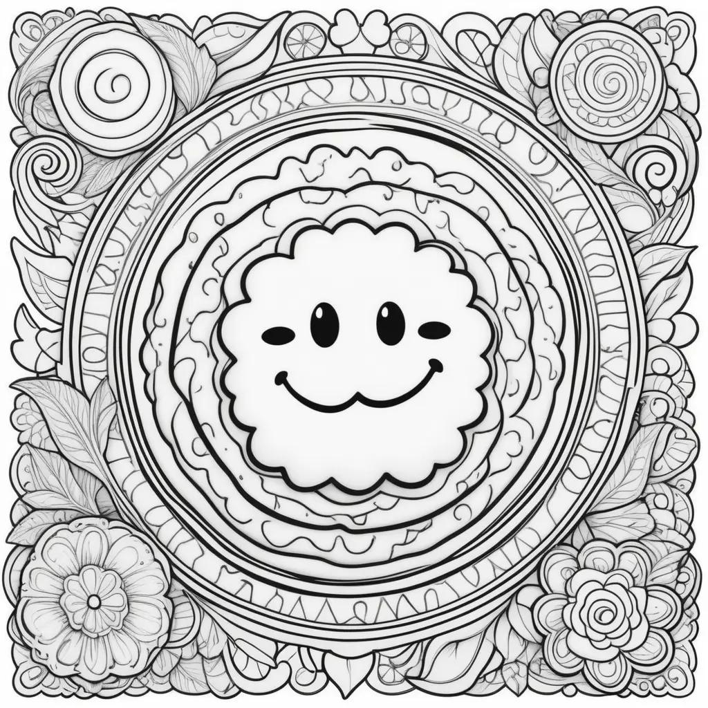 Colorful coloring pages featuring a smiling cookie