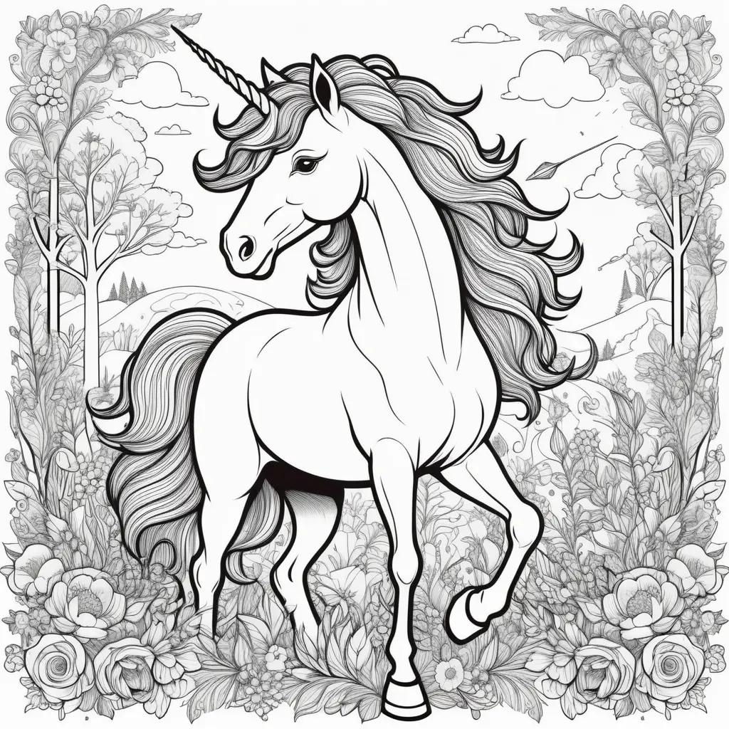 Colorful coloring pages featuring a unicorn with flowers and trees