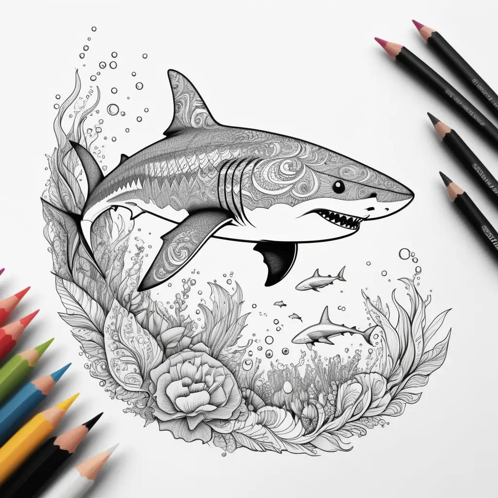 Colorful coloring pages featuring sharks and coral reef