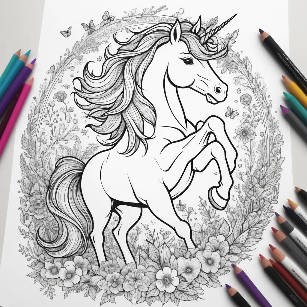 Colorful coloring pages featuring unicorns in a floral wreath