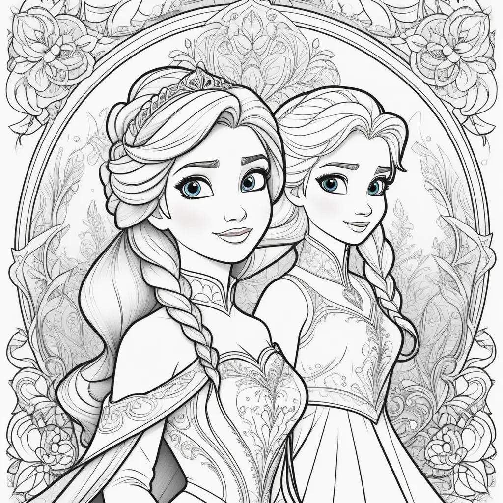 Colorful coloring pages of Anna and Elsa