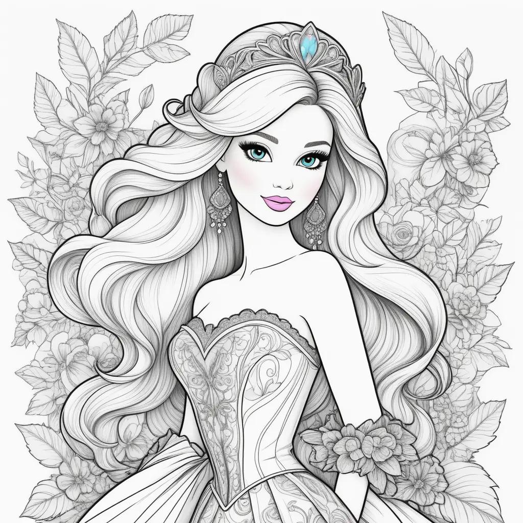 Colorful coloring pages of Barbie with flowers