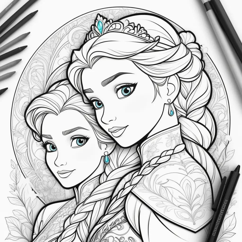 Colorful coloring pages of Elsa and Anna