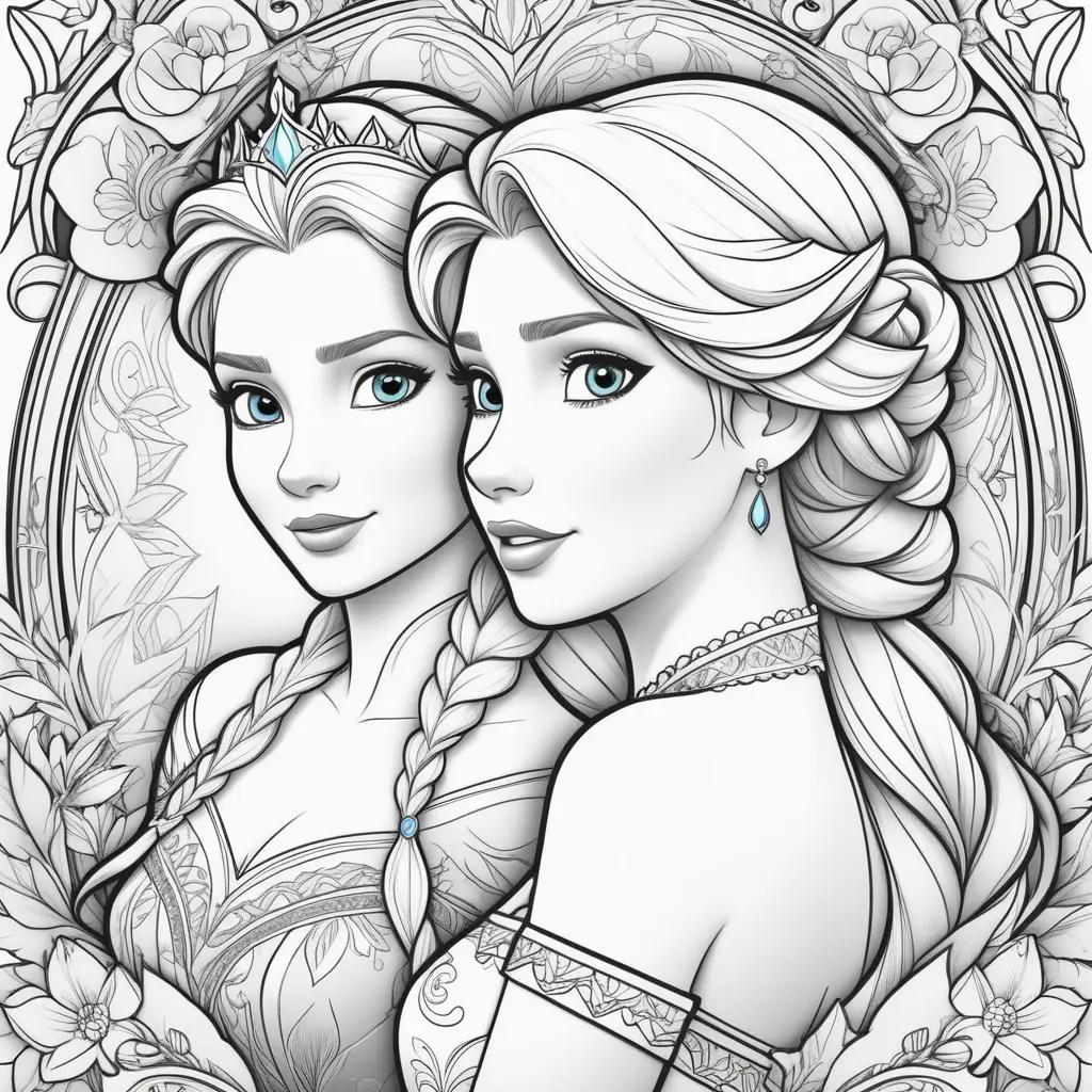 Colorful coloring pages of Elsa and Anna