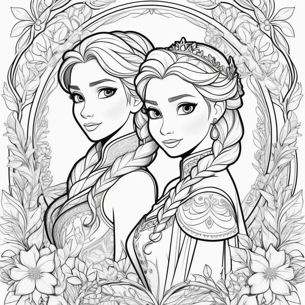 Colorful coloring pages of Elsa and Anna