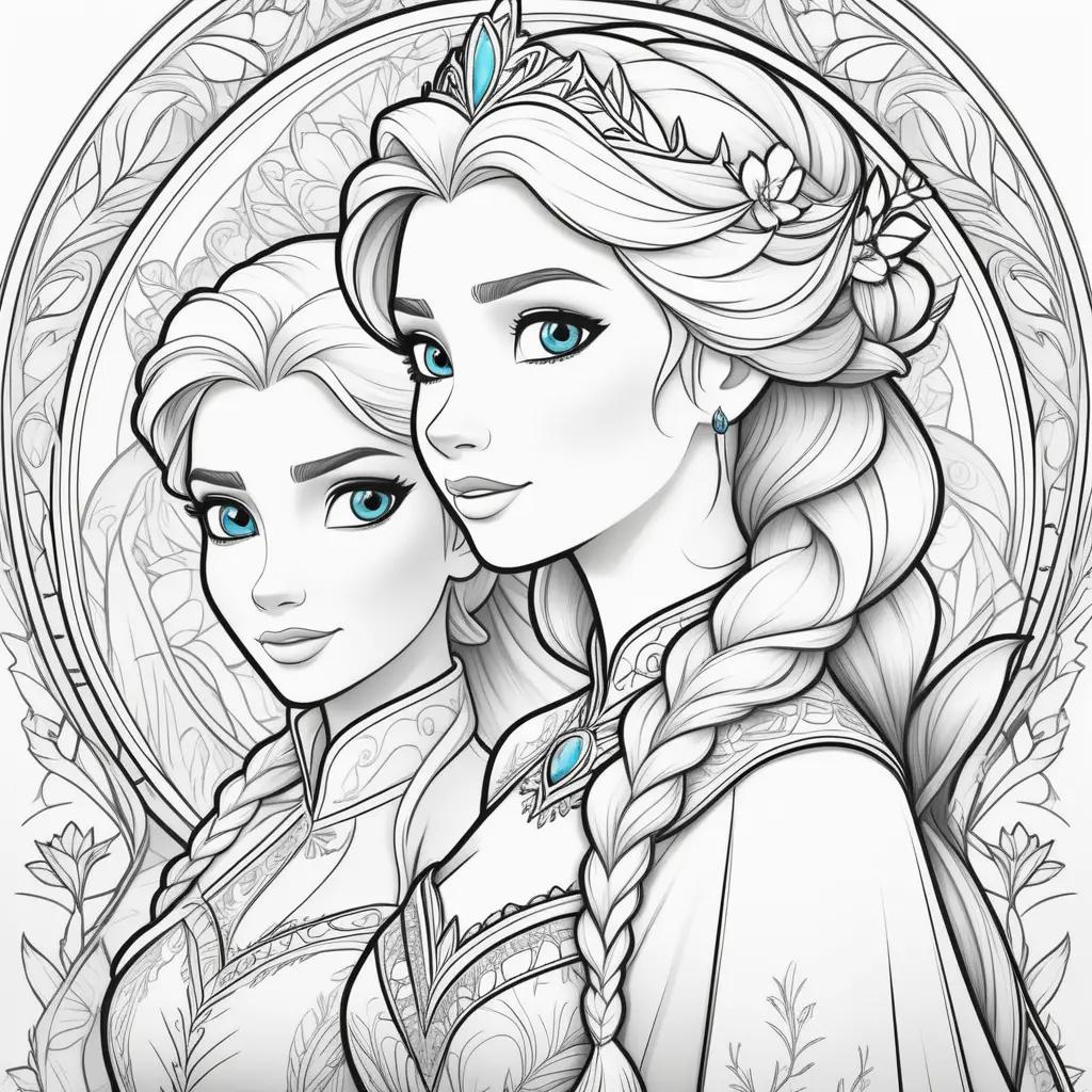 Colorful coloring pages of Elsa and Anna