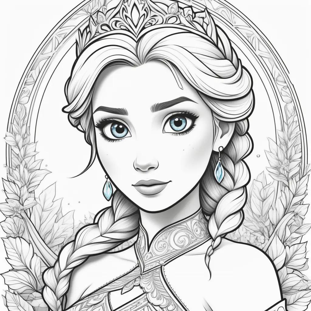 Colorful coloring pages of Elsa with a crown and earrings