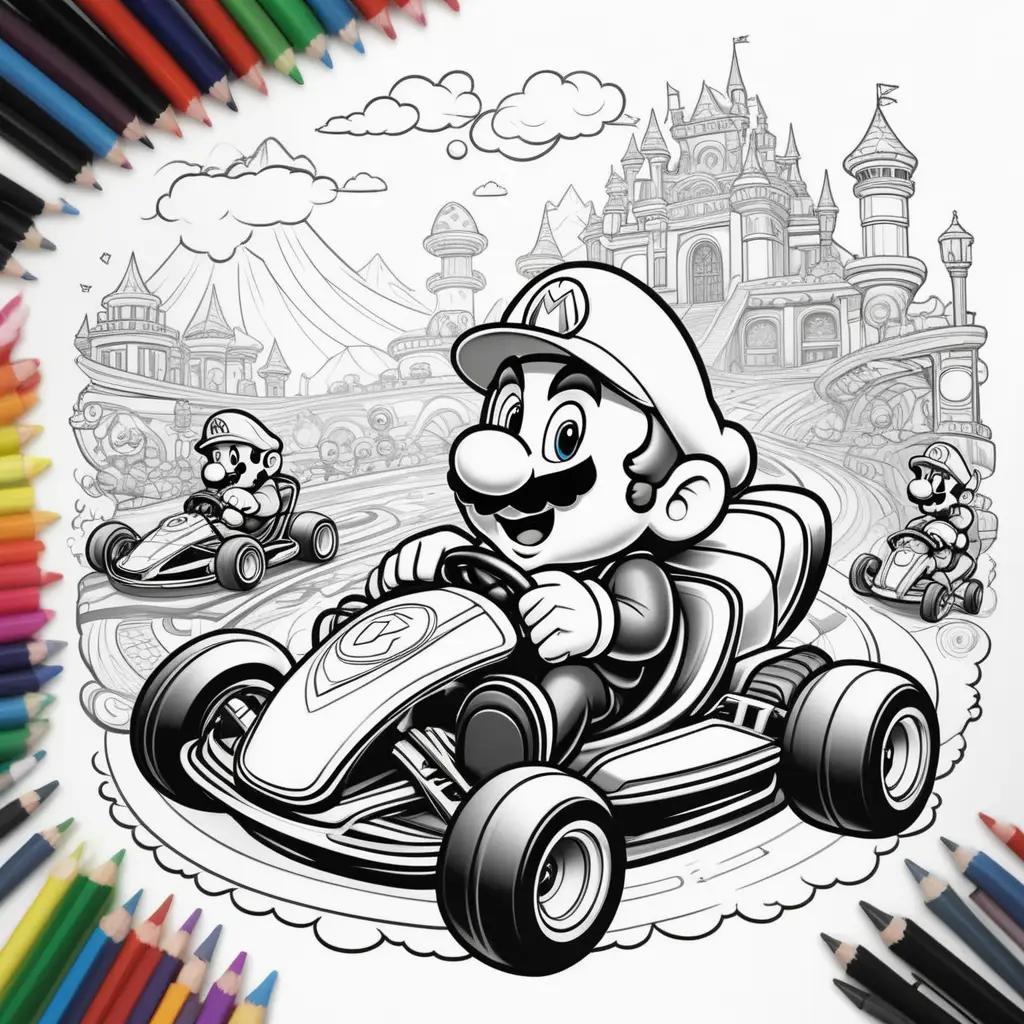 Colorful coloring pages of Mario Kart featuring characters and tracks