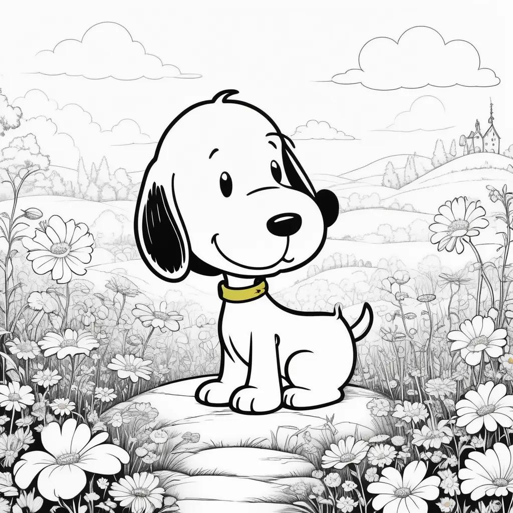 Colorful coloring pages of Snoopy with flowers and castle