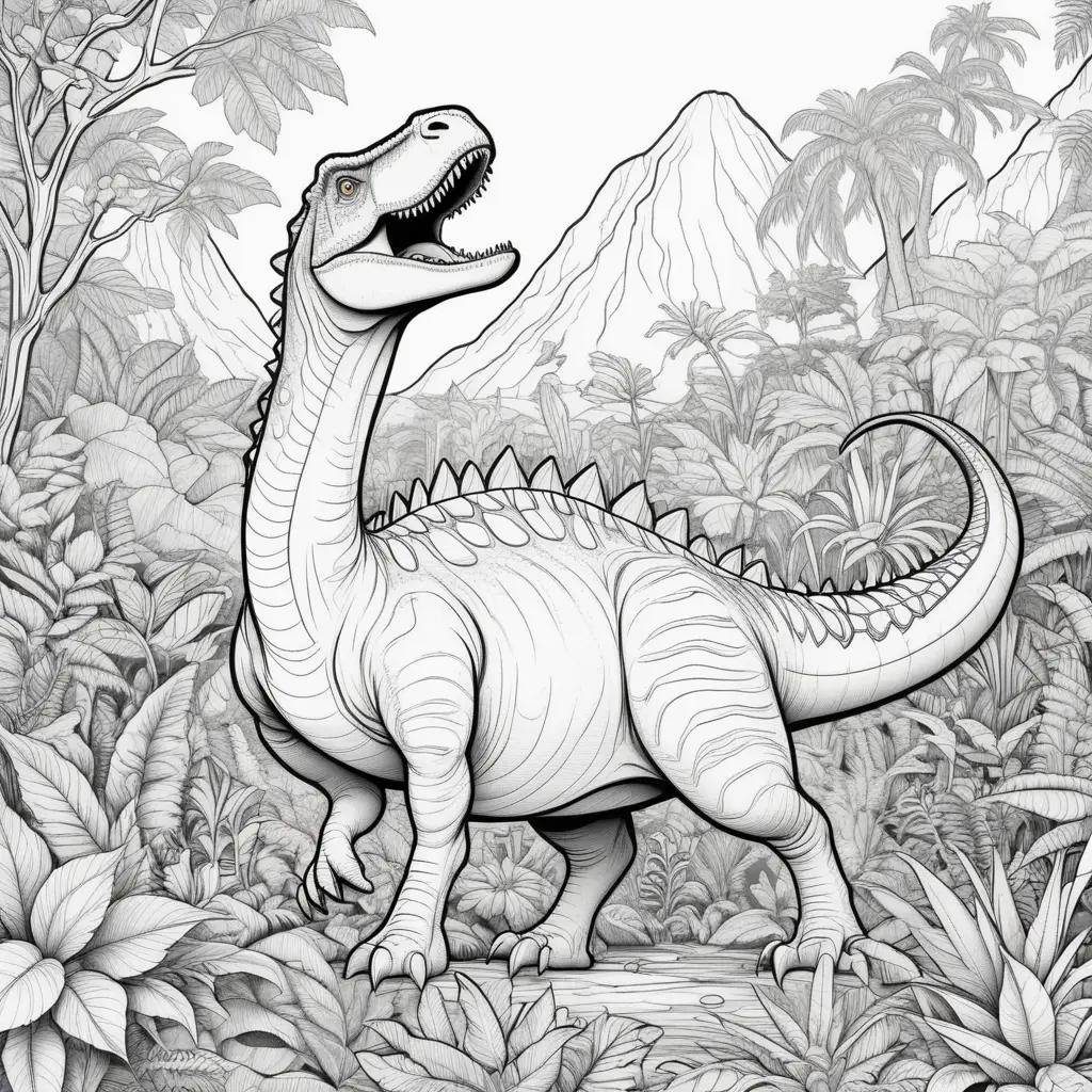 Colorful coloring pages of a dinosaur in the jungle