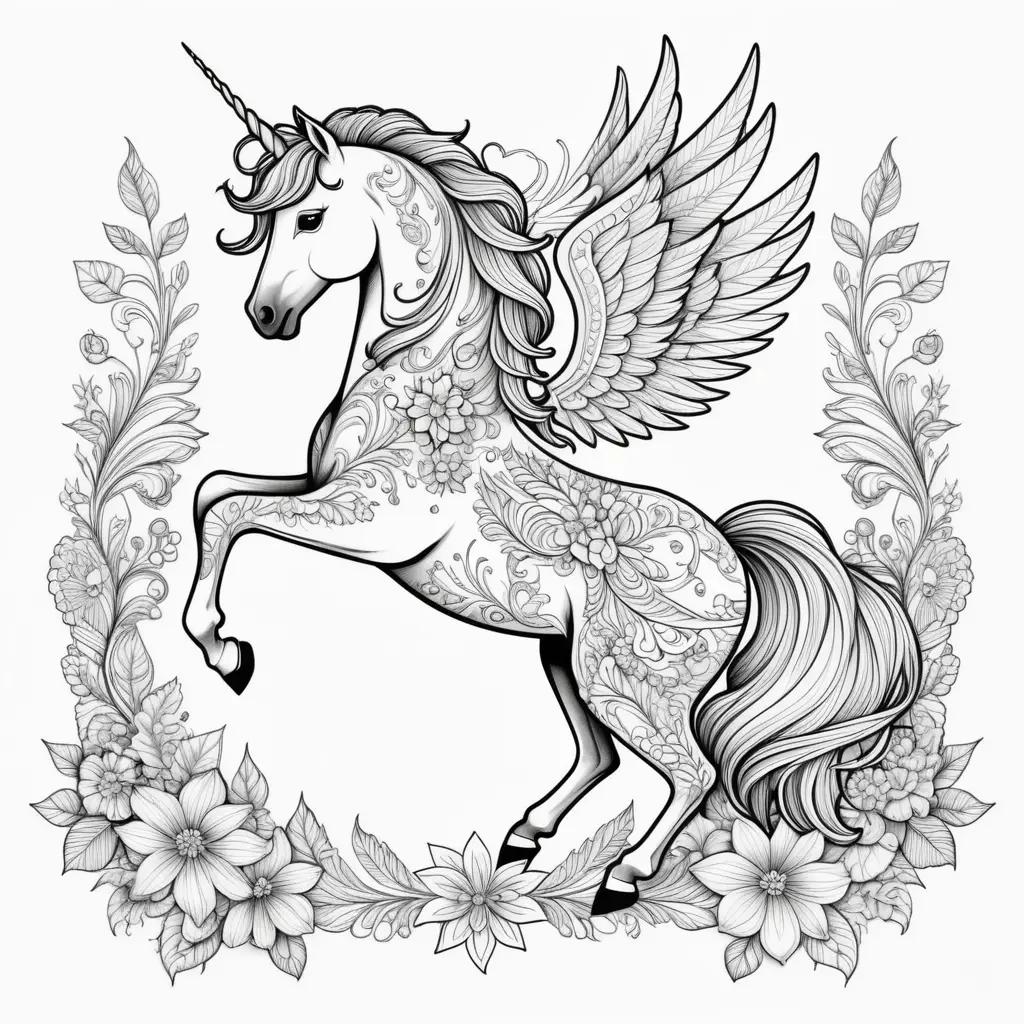 Colorful coloring pages of a unicorn with wings and flowers