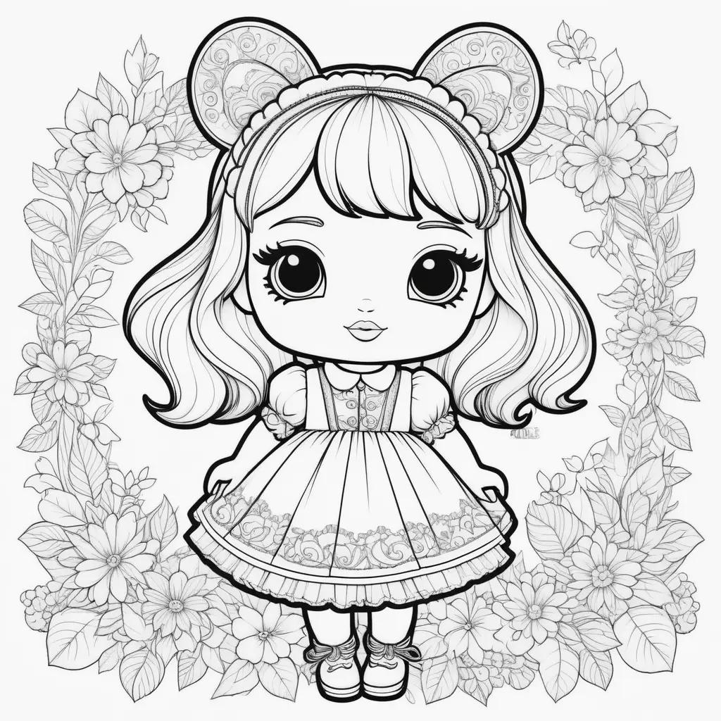 Colorful coloring pages of cute lol doll with flowers