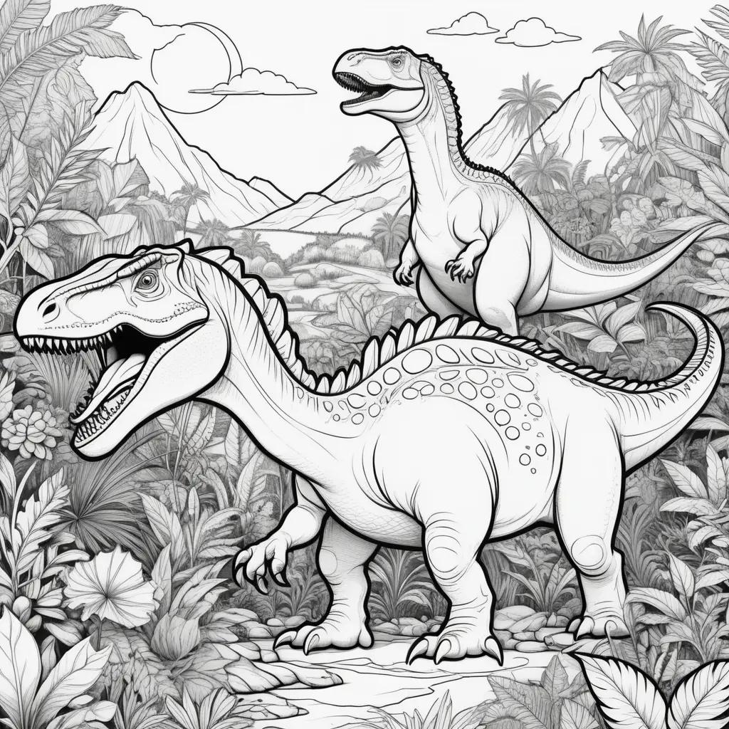 Colorful coloring pages of dinosaurs in a jungle