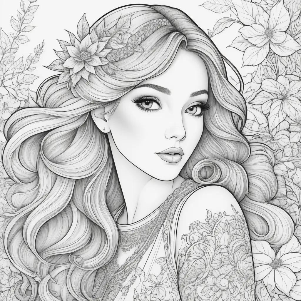 Colorful coloring pages of ladies with flowers