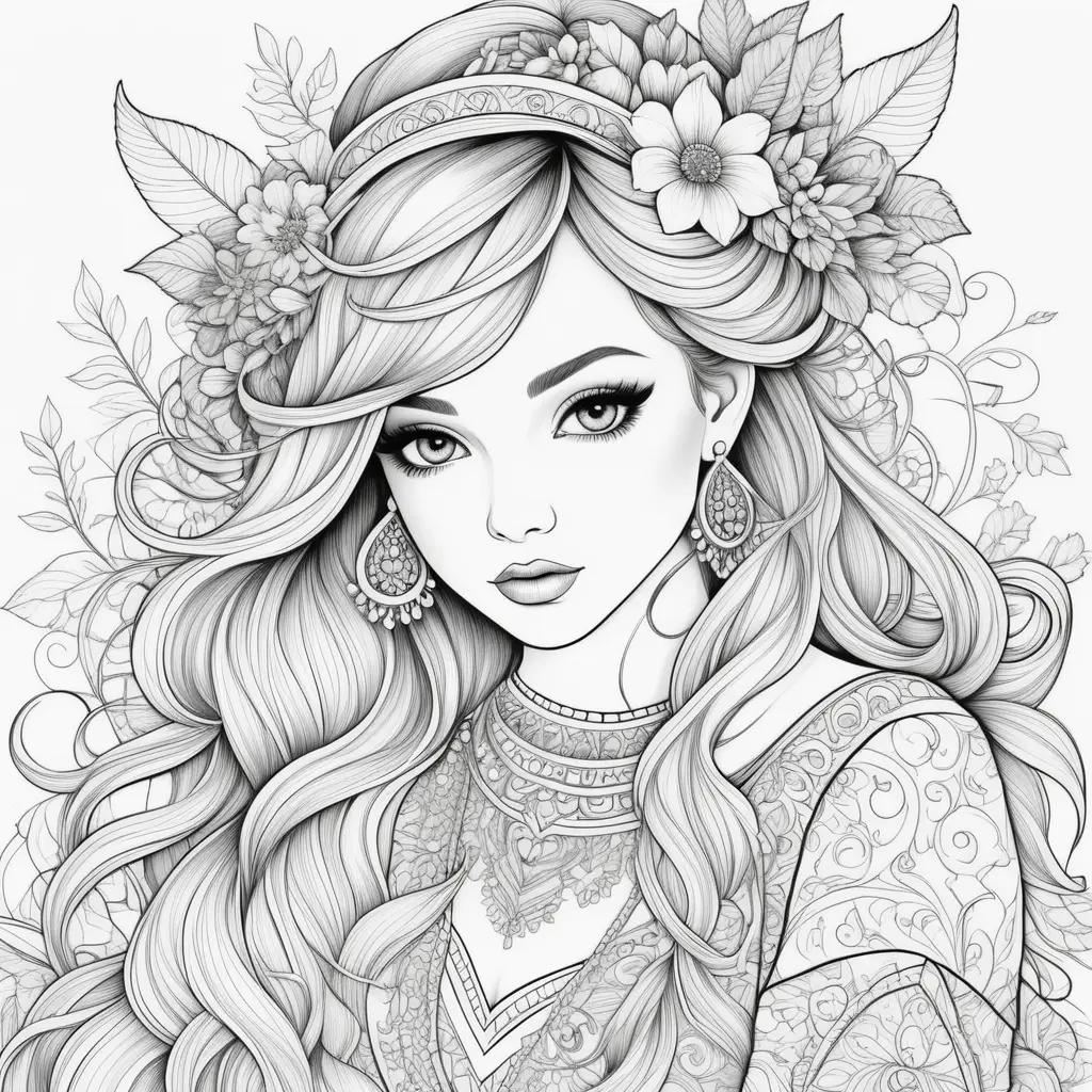 Colorful coloring pages of ladies with flowers and earrings