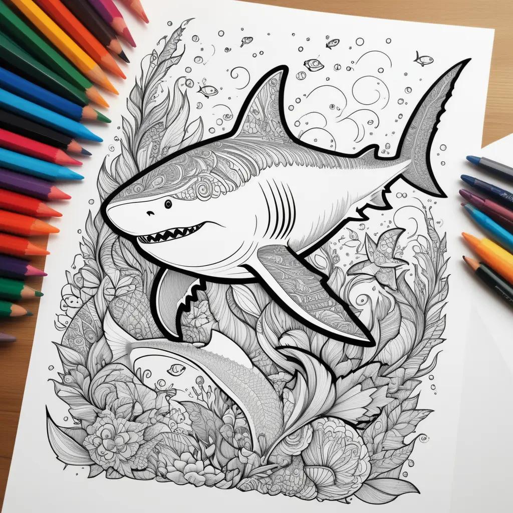 Colorful coloring pages of sharks and other sea creatures