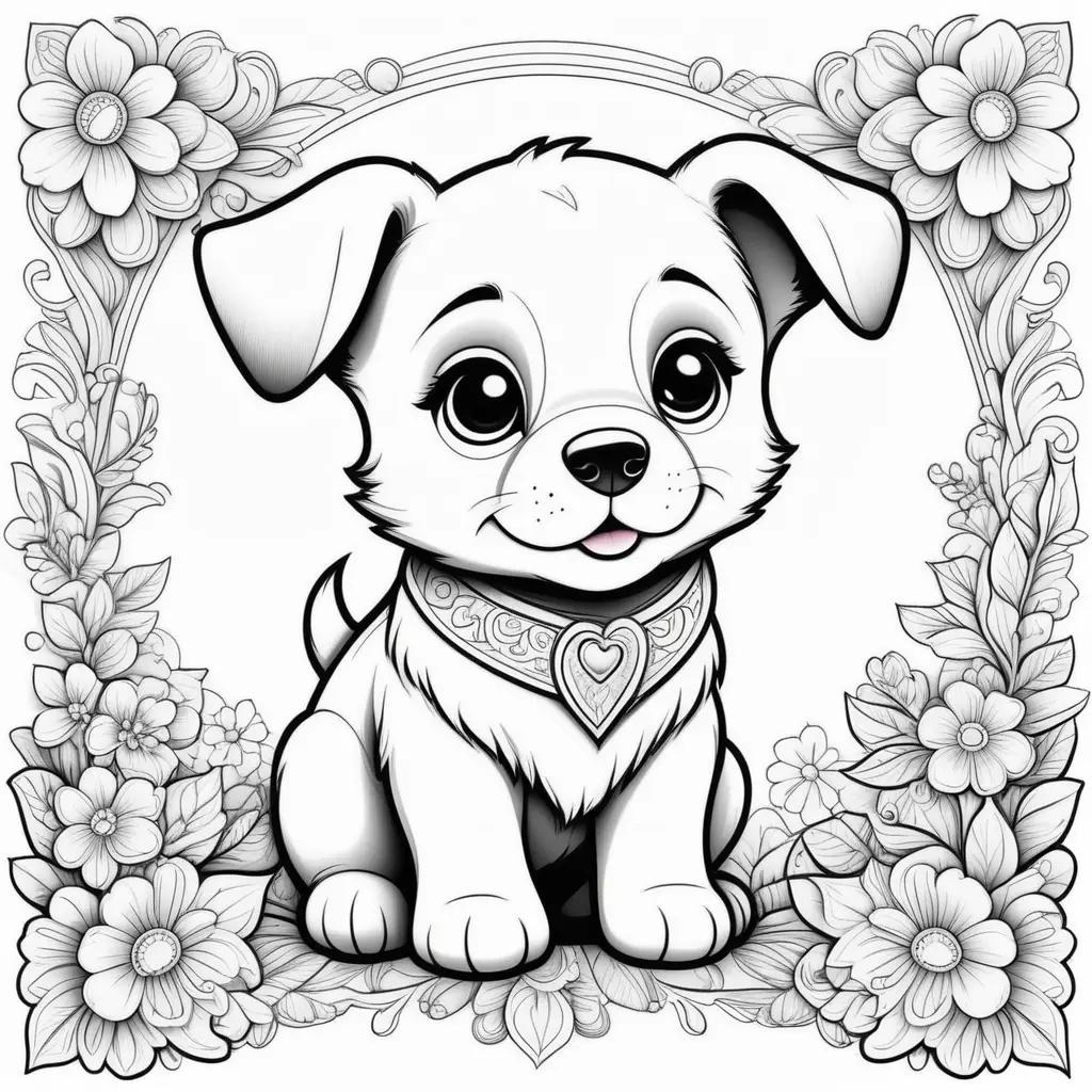 Colorful coloring pages with cute puppy and heart