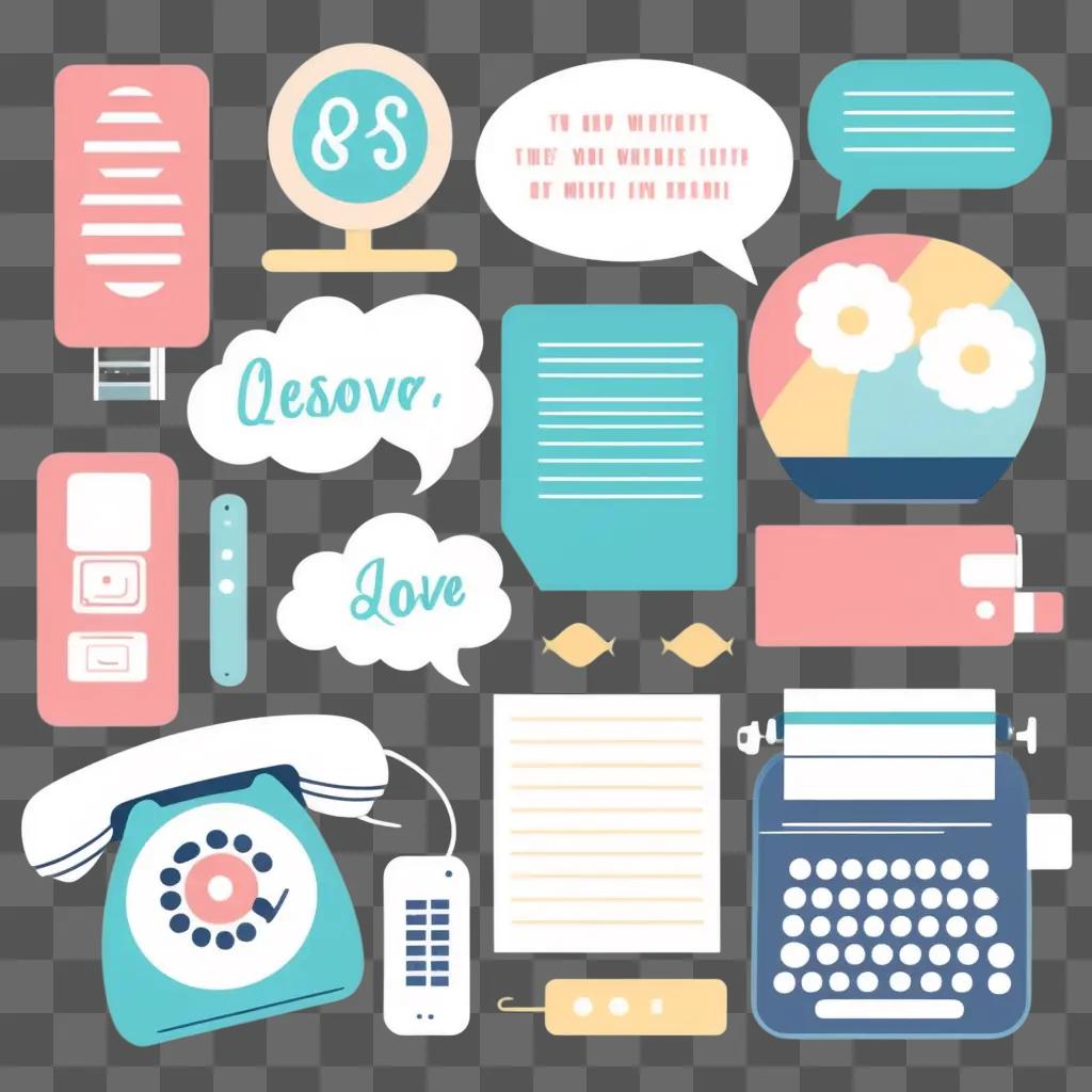 Colorful communication clipart with telephone and typewriter