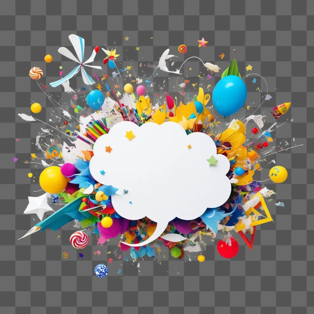 Colorful confetti and balloons fill the frame, forming a random explosion