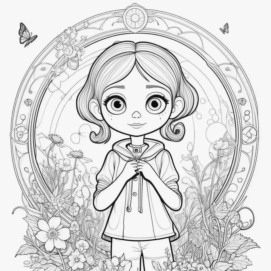 Colorful coraline coloring pages with butterflies and flowers