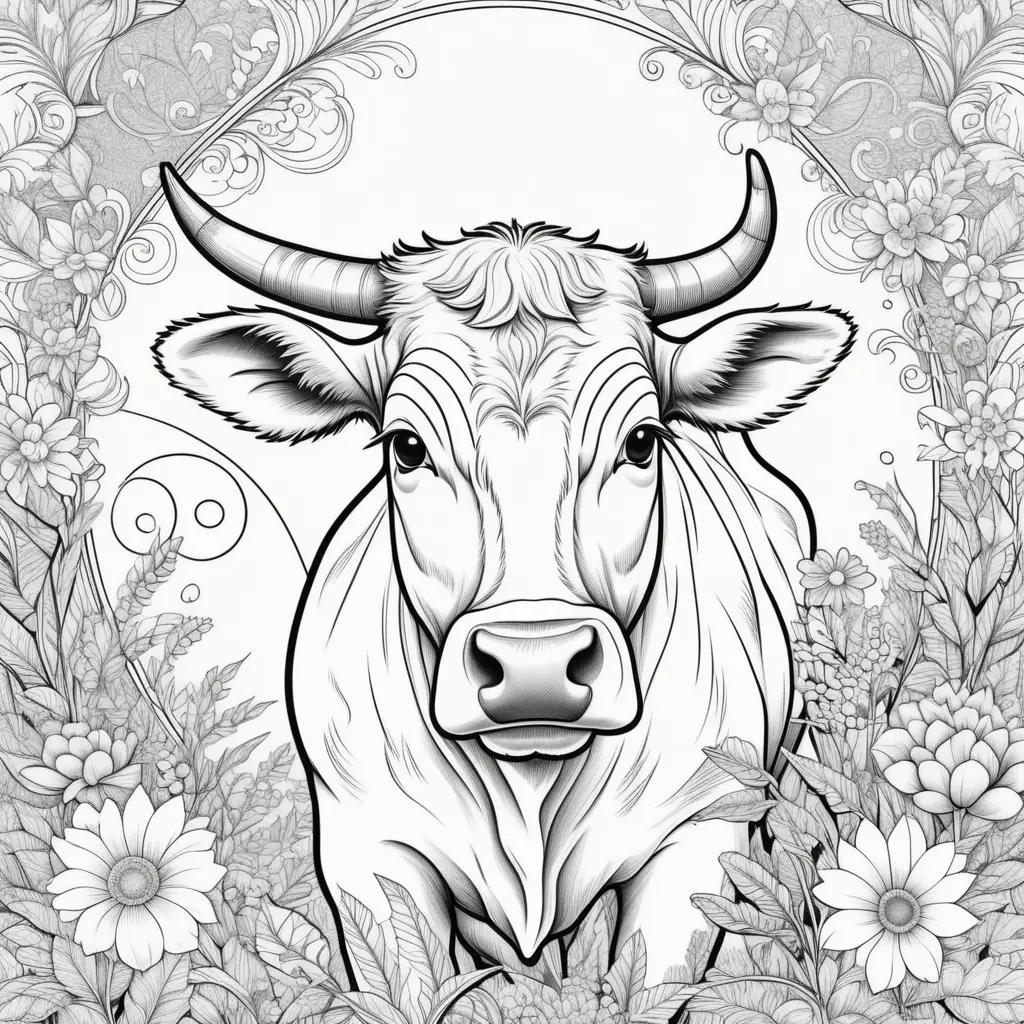 Colorful cow coloring pages featuring a cow with horns and a flower background