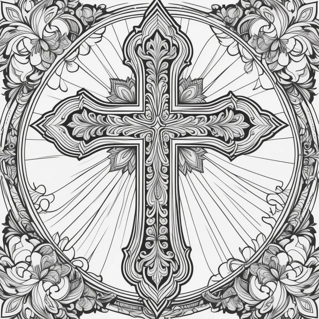 Colorful cross with ornate details in black and white