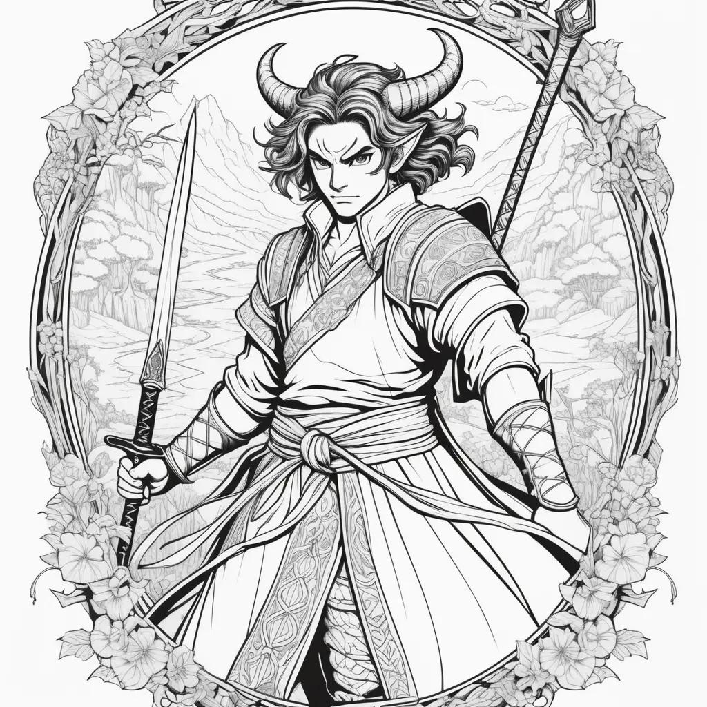 Colorful demon slayer coloring page with horns and sword