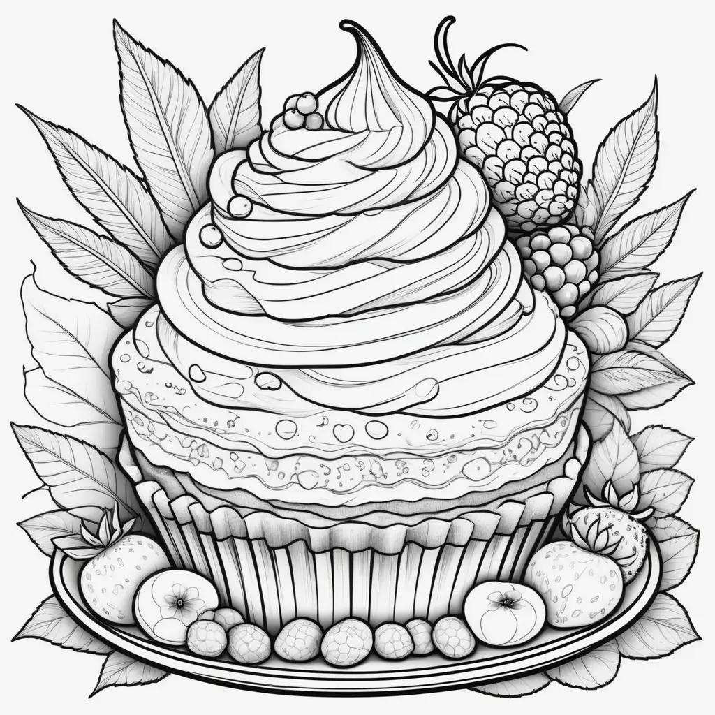 Colorful dessert coloring pages with berries and cake