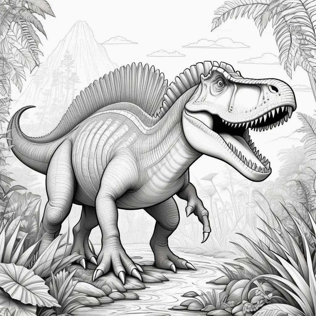 Colorful dinosaur coloring page with Spinosaurus