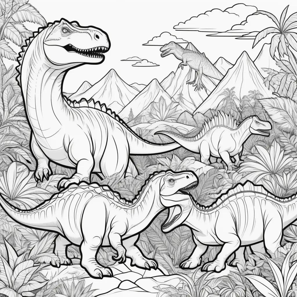 Colorful dinosaur coloring pages, jungle scene, mountain and clouds