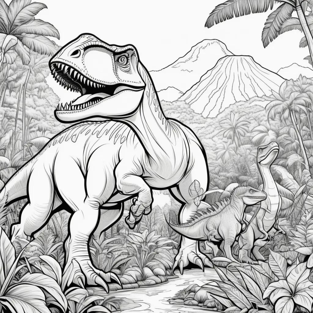 Colorful dinosaur coloring pages in the jungle