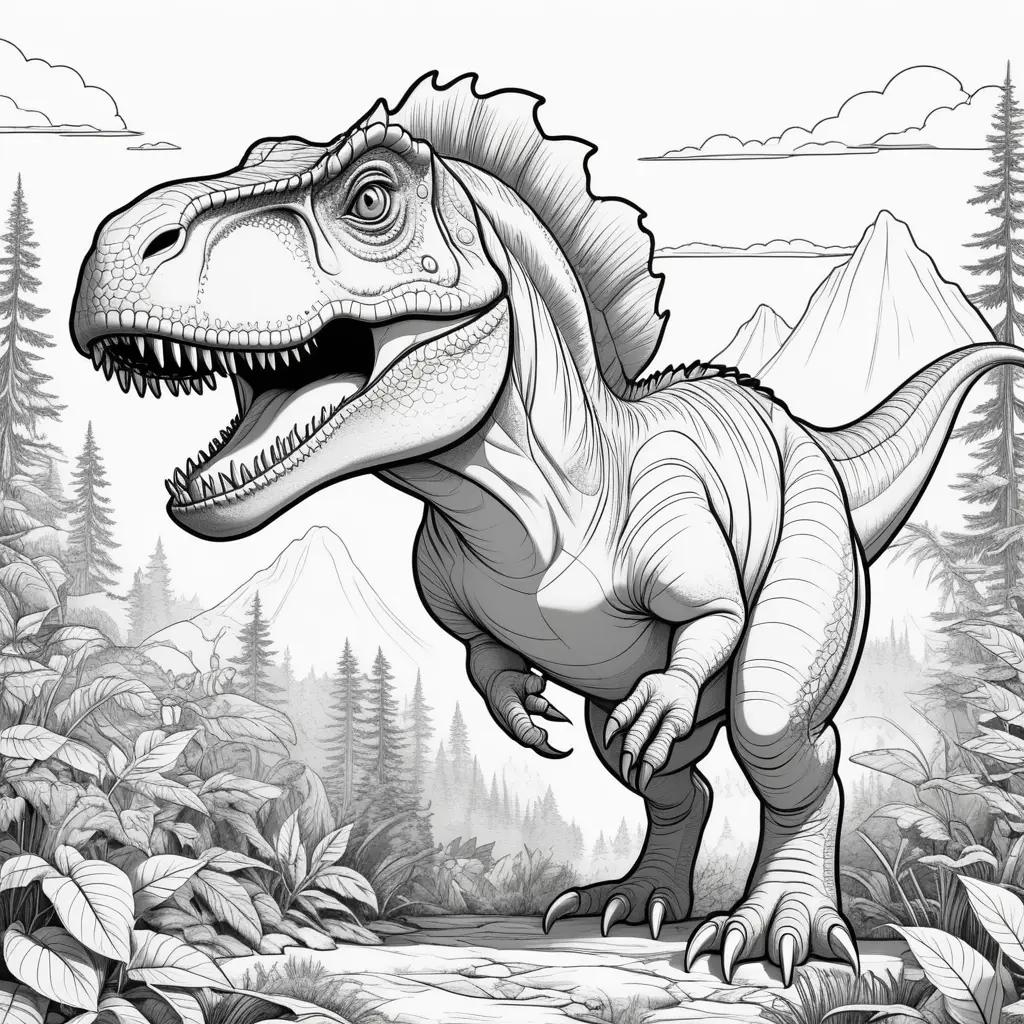 Colorful dinosaur coloring pages with a black and white t-rex