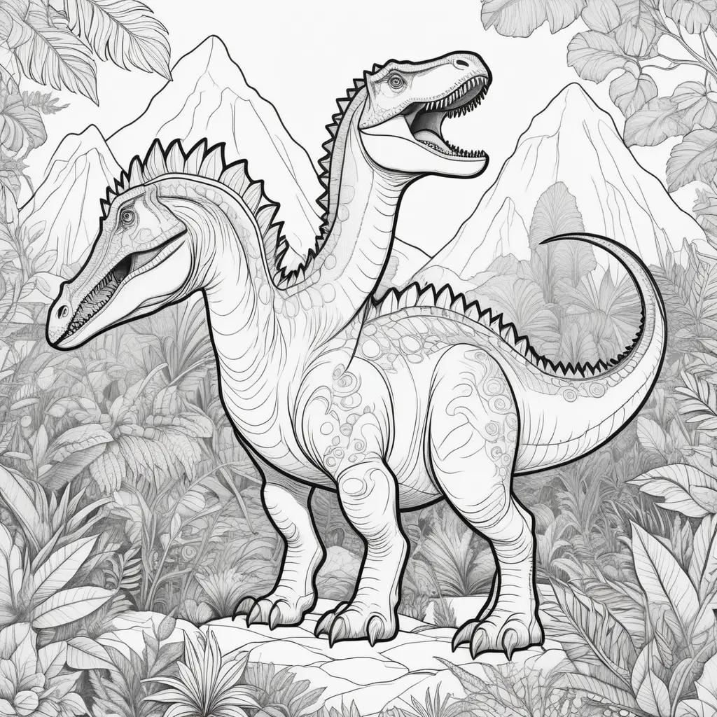 Colorful dinosaur coloring pages with mountain and jungle scenery