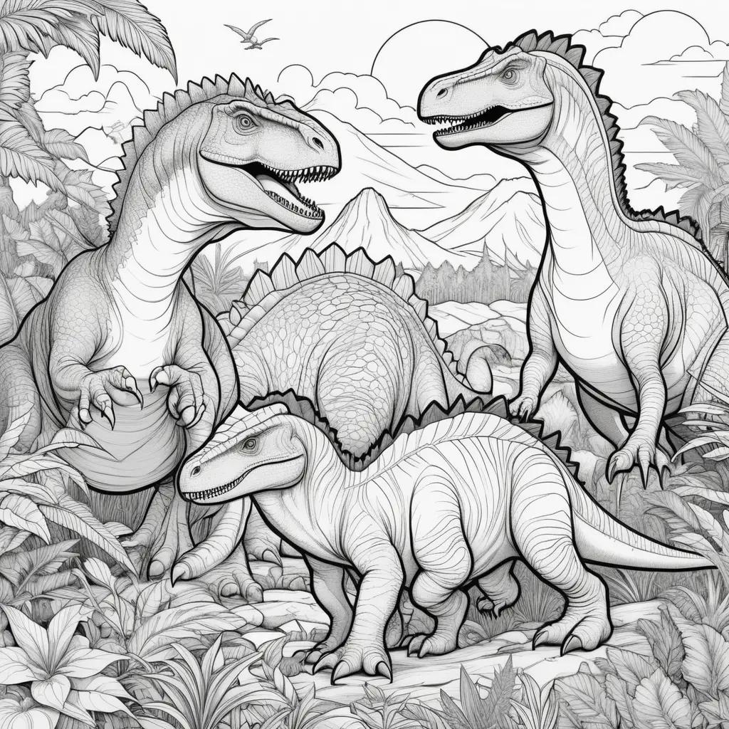 Colorful dinosaur drawing with three different species